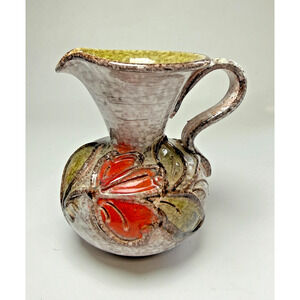Vintage German Mid Century Mottled Lava Pottery Pitcher Jug Vase Flower Leaf MCM